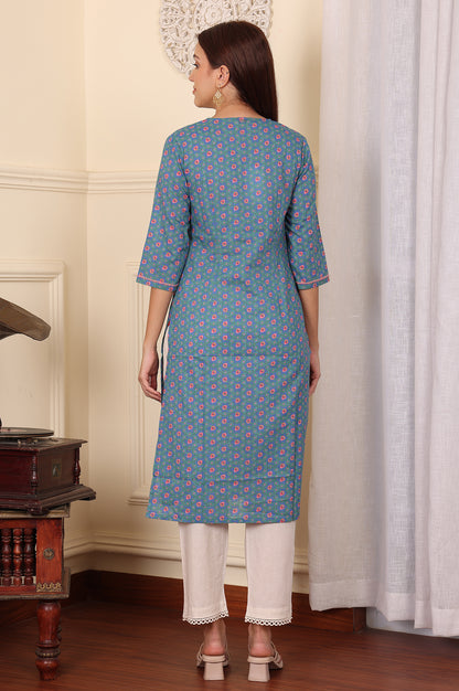 Blue Geometric Thread Work Straight Cotton Kurta