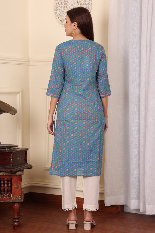 Blue Geometric Thread Work Straight Cotton Kurta