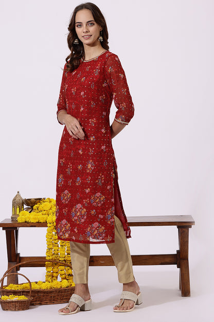 Red Printed Lace Straight Kurta
