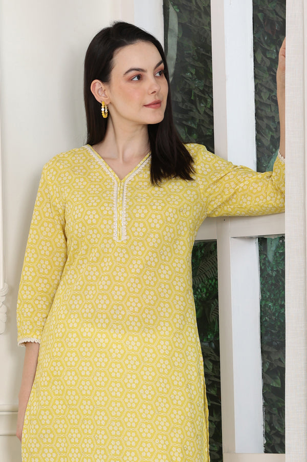 Yellow Floral Printed Pure Cotton Soft & Breathable Kurta With Lace