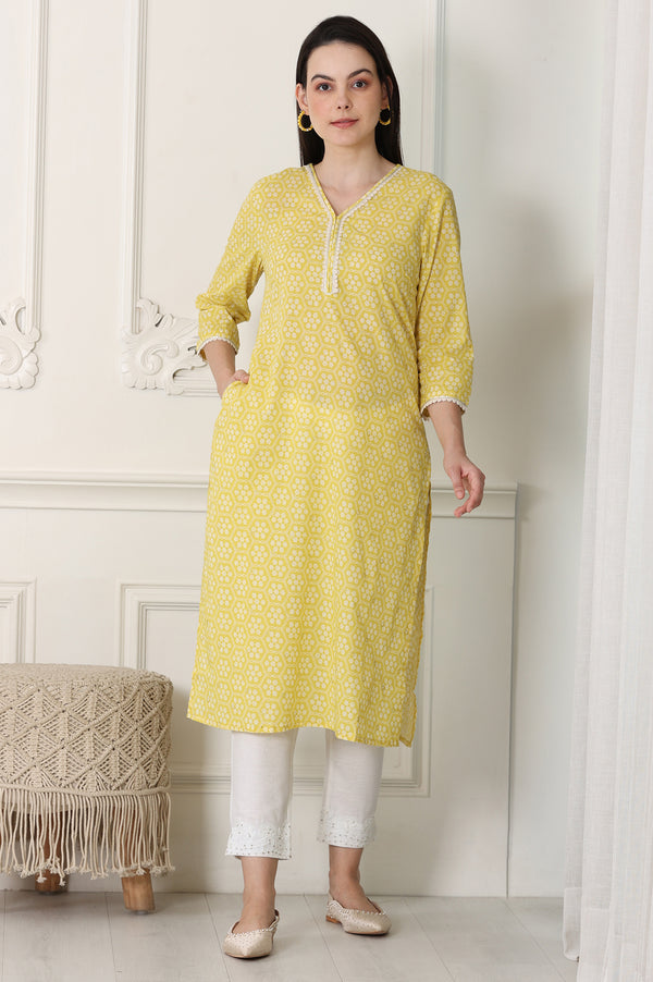 Yellow Floral Printed Pure Cotton Soft & Breathable Kurta With Lace
