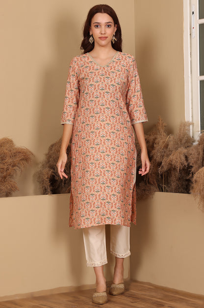Peach Floral Printed Straight Kurta With Lace Highlight - wforwoman