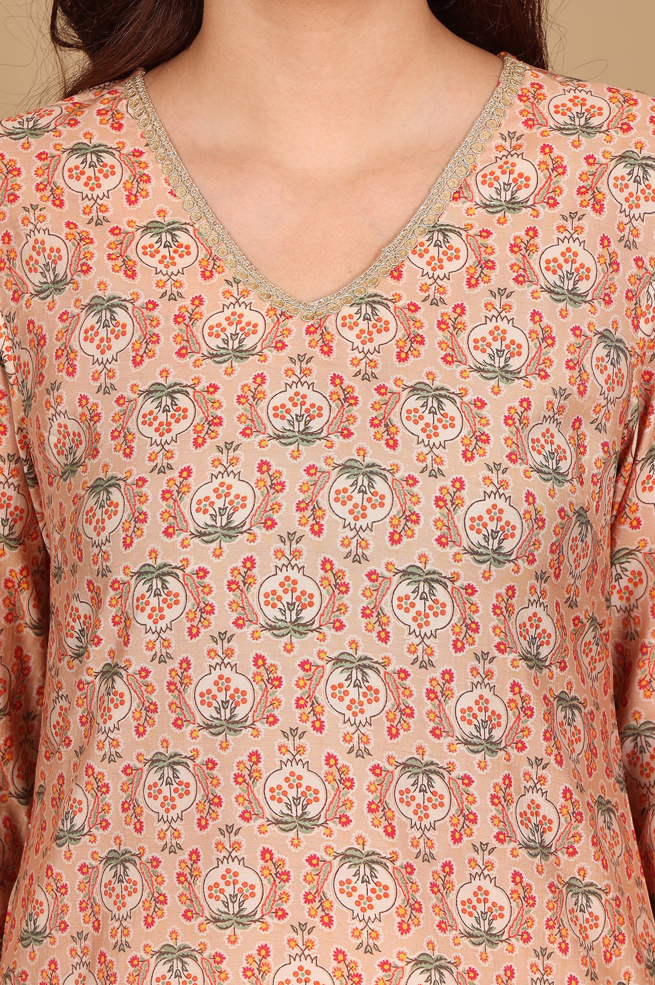 Peach Floral Printed Straight Kurta With Lace Highlight - wforwoman