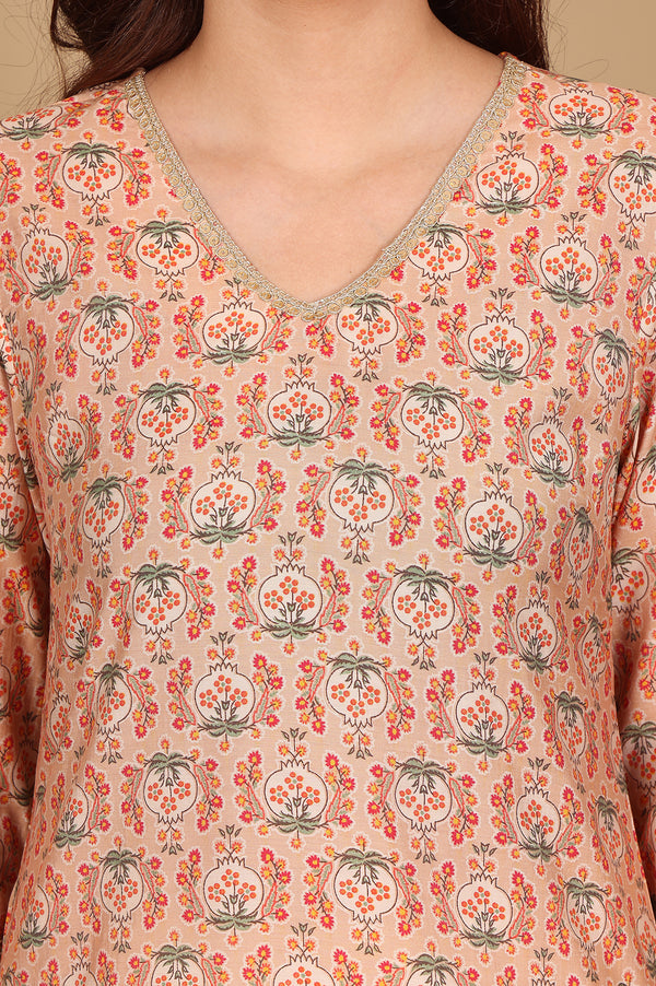 Peach Floral Printed Straight Kurta With Lace Highlight