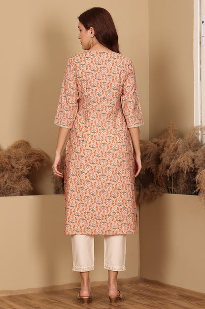 Peach Floral Printed Straight Kurta With Lace Highlight - wforwoman