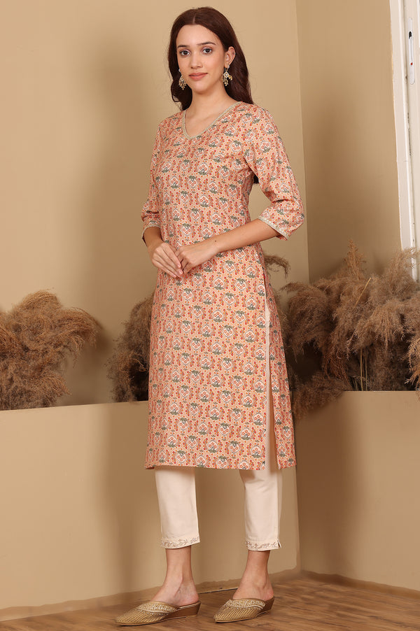 Peach Floral Printed Straight Kurta With Lace Highlight
