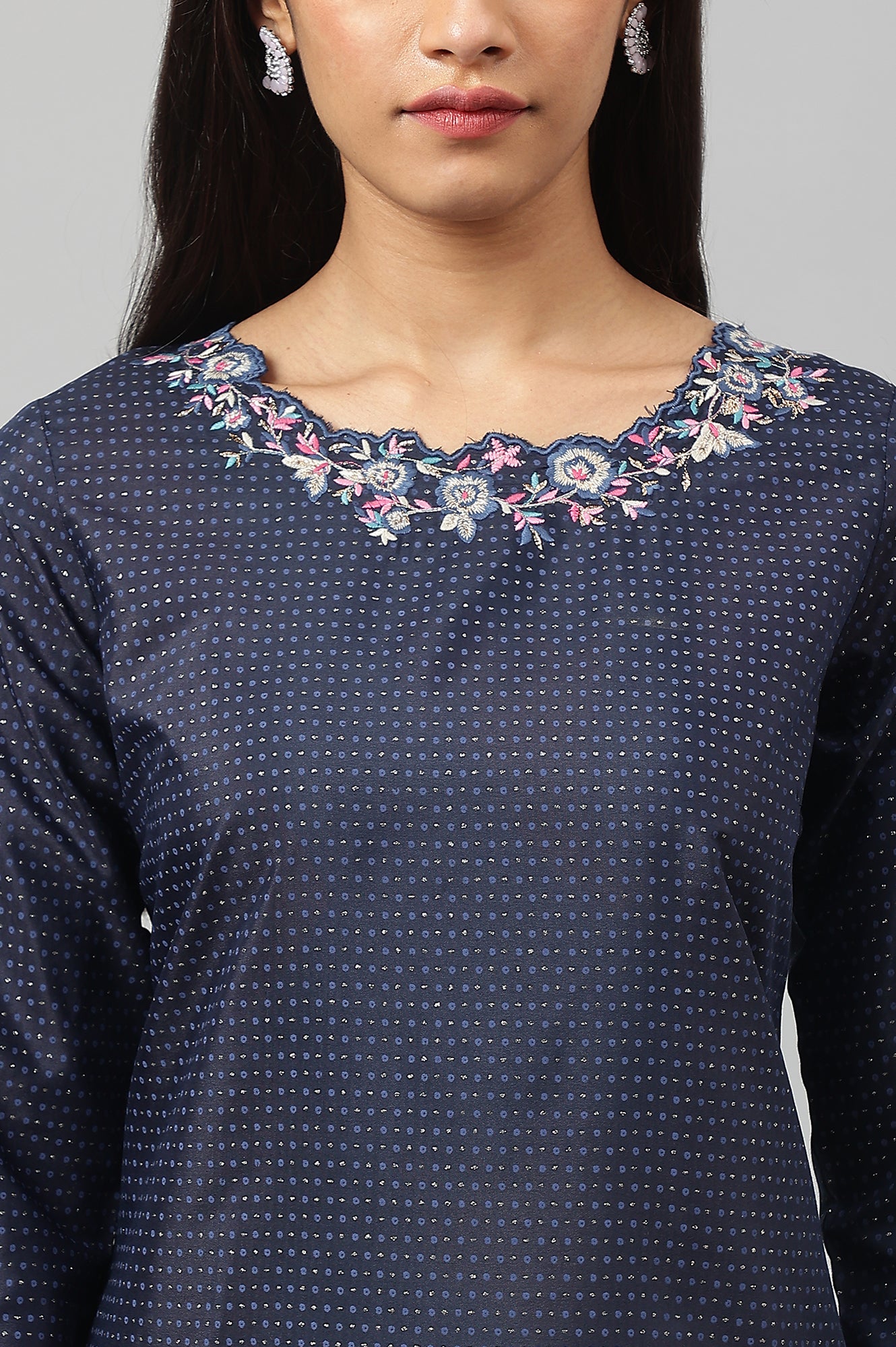 Dark Blue Geometric Printed Shantung straight Kurta with Slim Pant Set