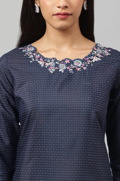 Dark Blue Geometric Printed Shantung straight Kurta with Slim Pant Set