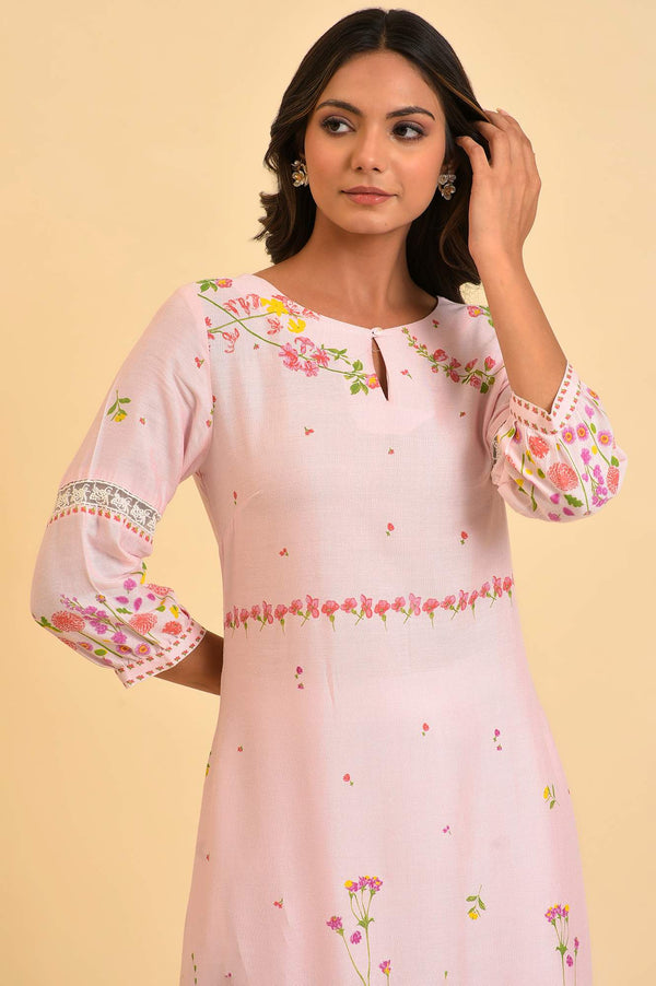 Yellow Floral Printed Rayon Flax A-Line Kurta with Slim Pant Set