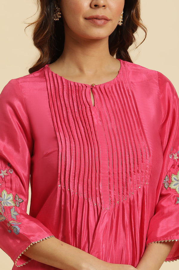 Pink Solid Printed Shantung Straight Kurta with Slim Pant Set