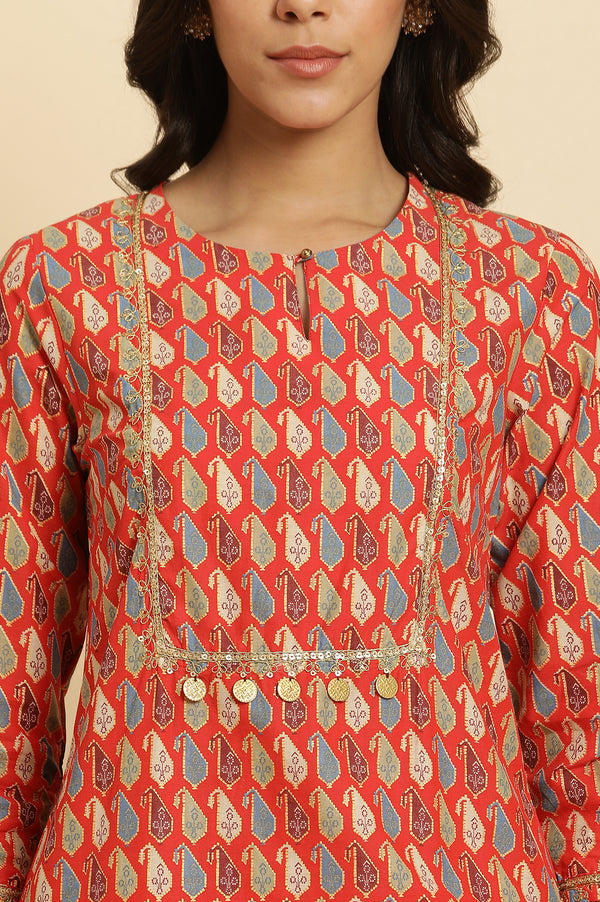Orange Geometric Printed Shantung Straight Kurta with Parallel Pant Set