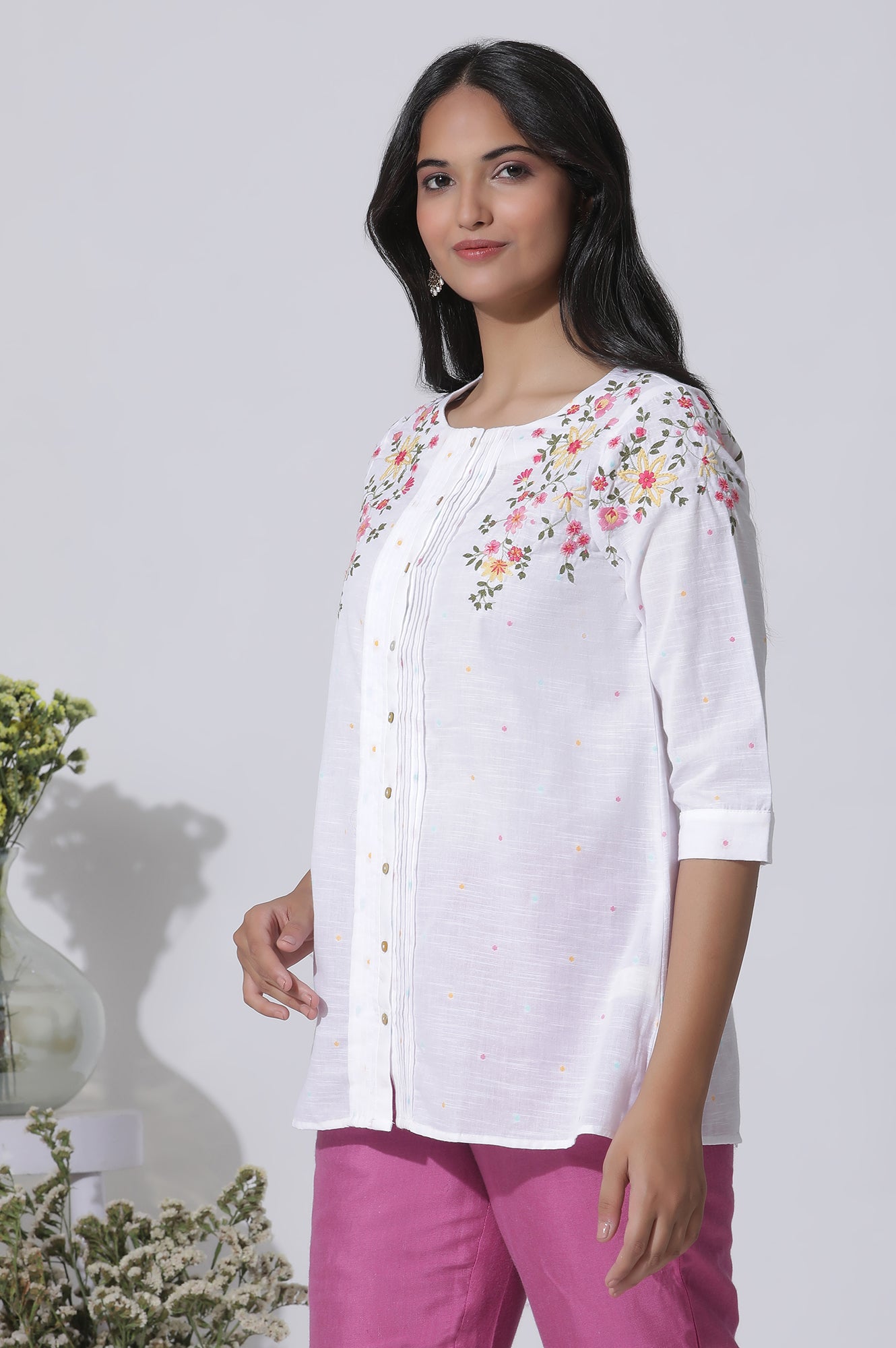 White Embroidered Cotton Top With Pintucks - wforwoman