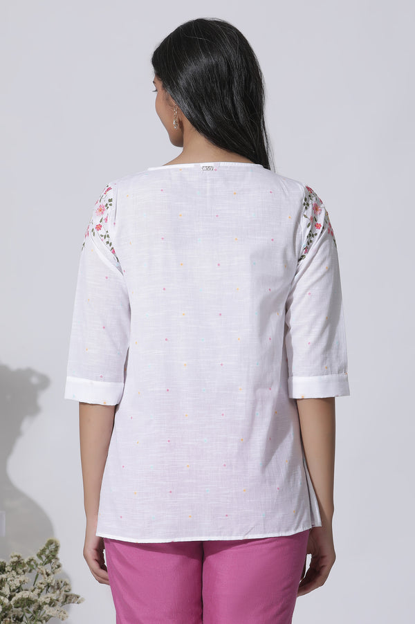 White Embroidered Cotton Top With Pintucks