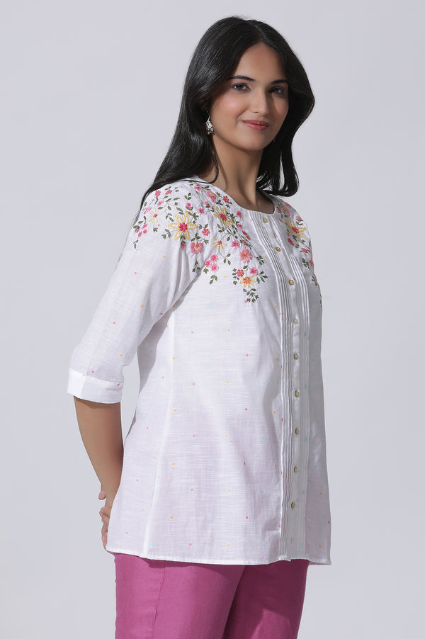 White Embroidered Cotton Top With Pintucks