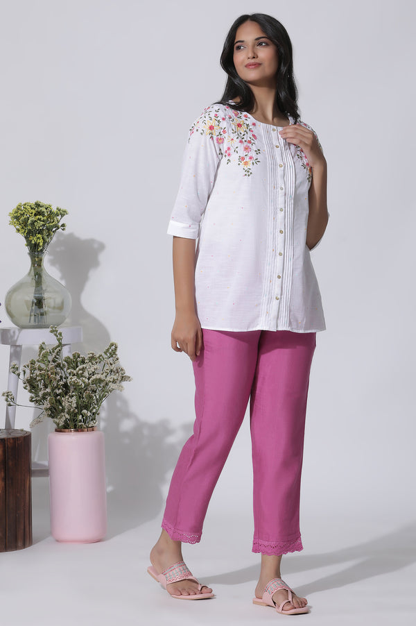 White Embroidered Cotton Top With Pintucks