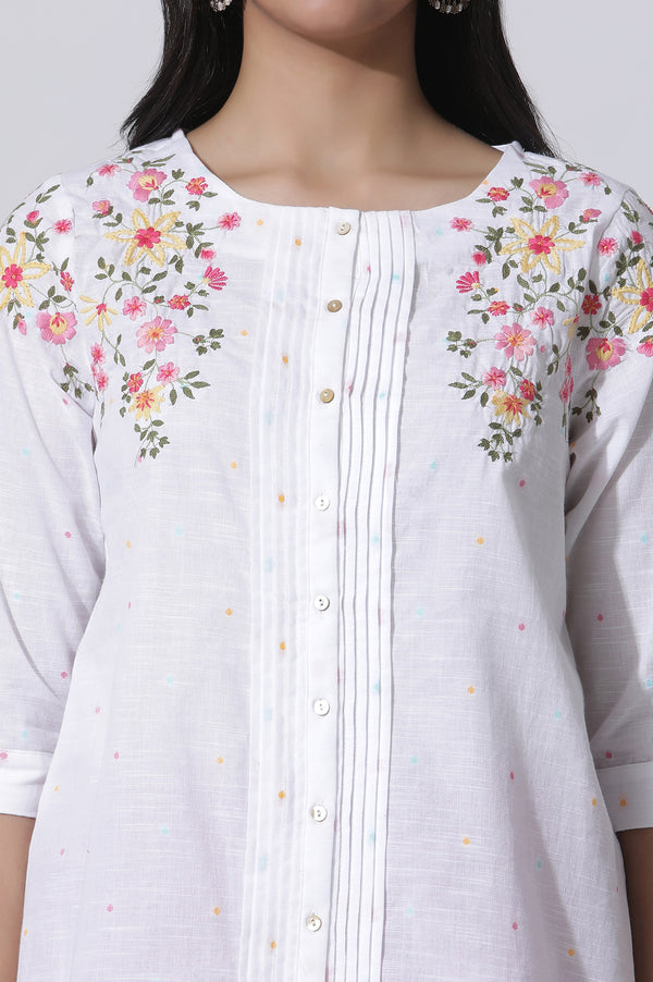 White Embroidered Cotton Top With Pintucks