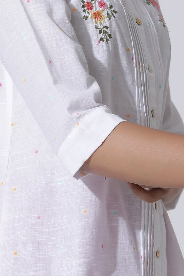 White Embroidered Cotton Top With Pintucks