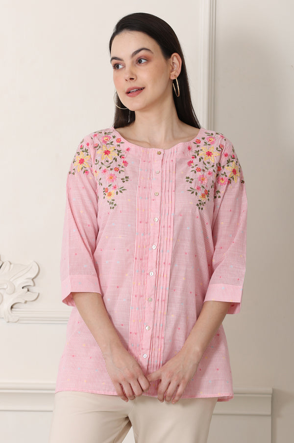 Pink Stripe Printed Thread Embroidered Pure Cotton Regular Fit Top