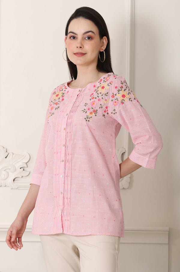 Pink Stripe Printed Thread Embroidered Pure Cotton Regular Fit Top