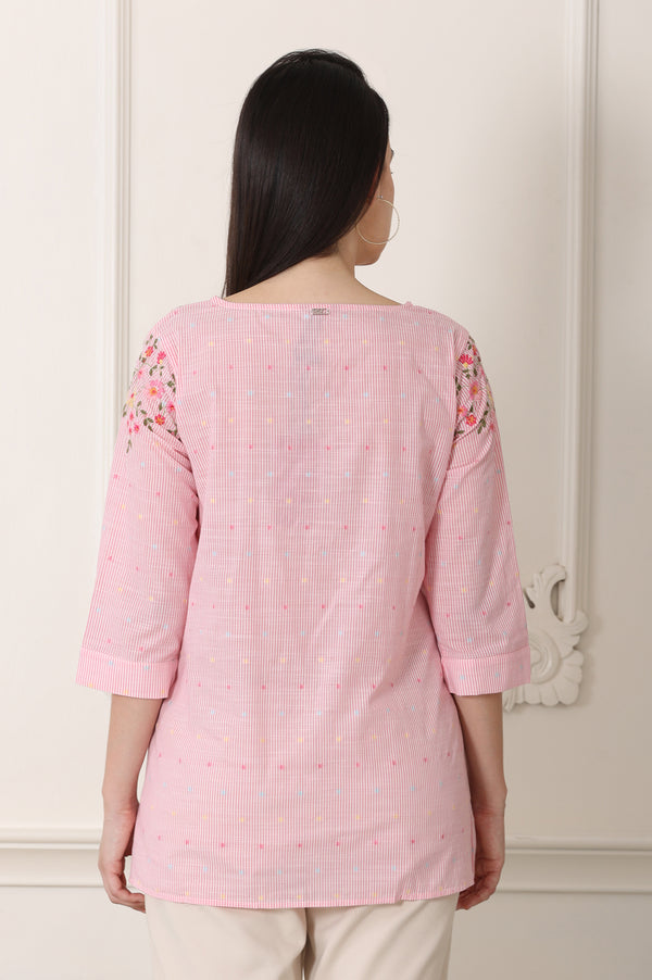 Pink Stripe Printed Thread Embroidered Pure Cotton Regular Fit Top