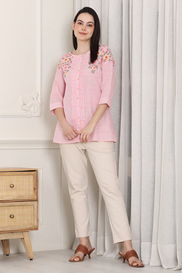 Pink Stripe Printed Thread Embroidered Pure Cotton Regular Fit Top