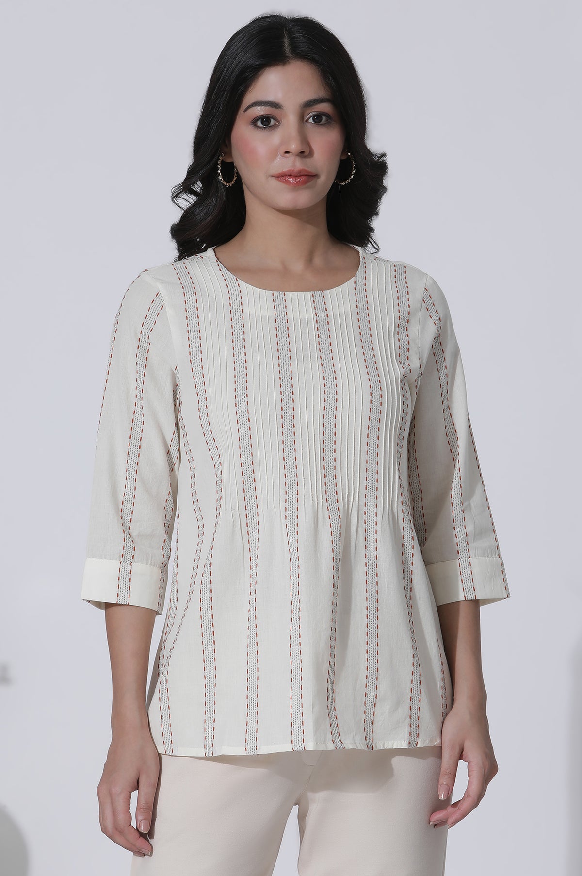 White Yarn-Dyed Stripes Cotton Top - XS