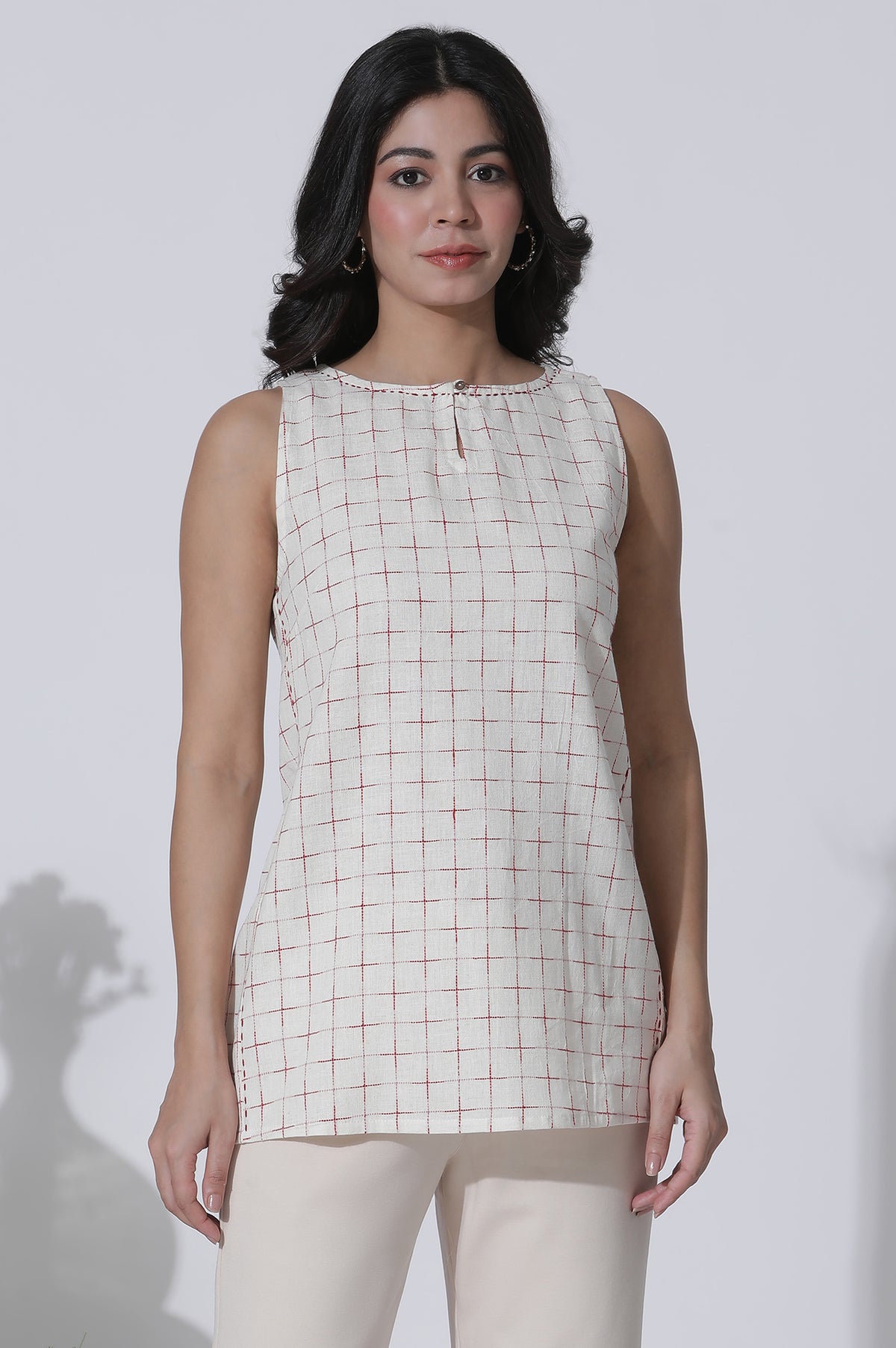 White Yarn-Dyed Checks Cotton Blend Sleeveless Tank Top - XS