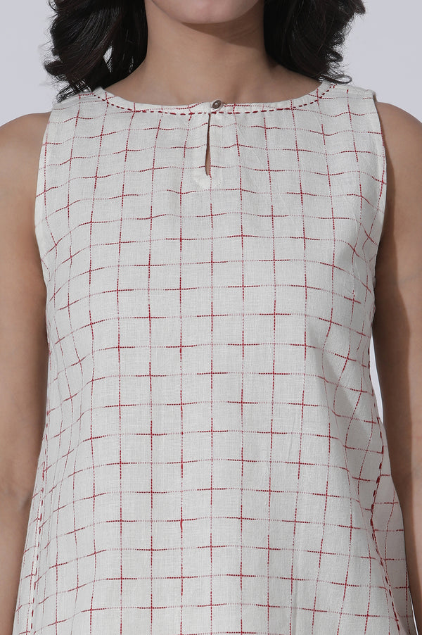 White Yarn-Dyed Checks Cotton Blend Sleeveless Tank Top