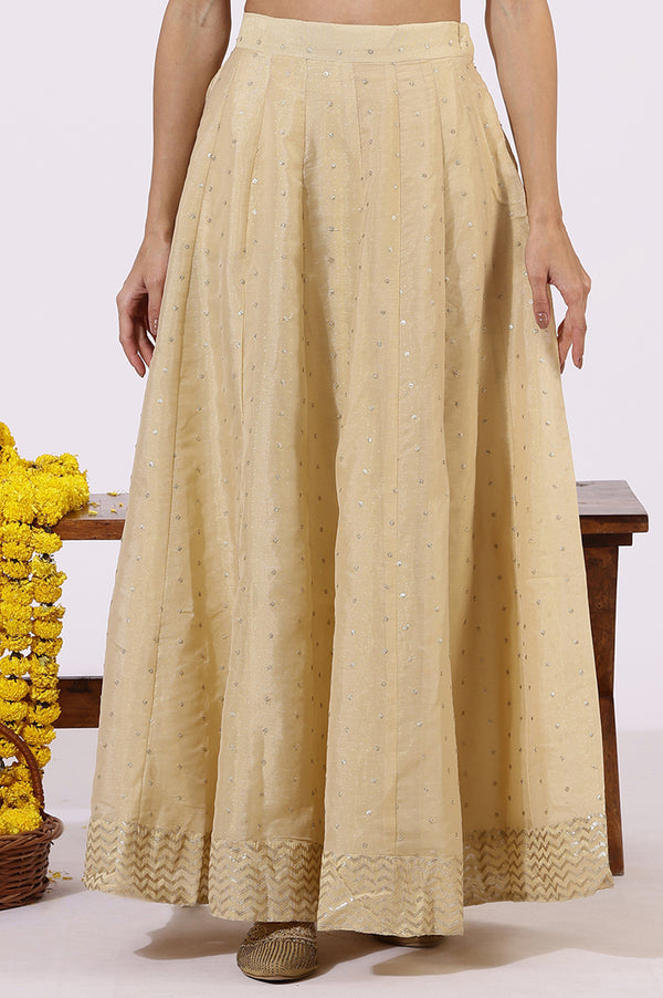 Gold Solid Sequins Flared Woven Skirt