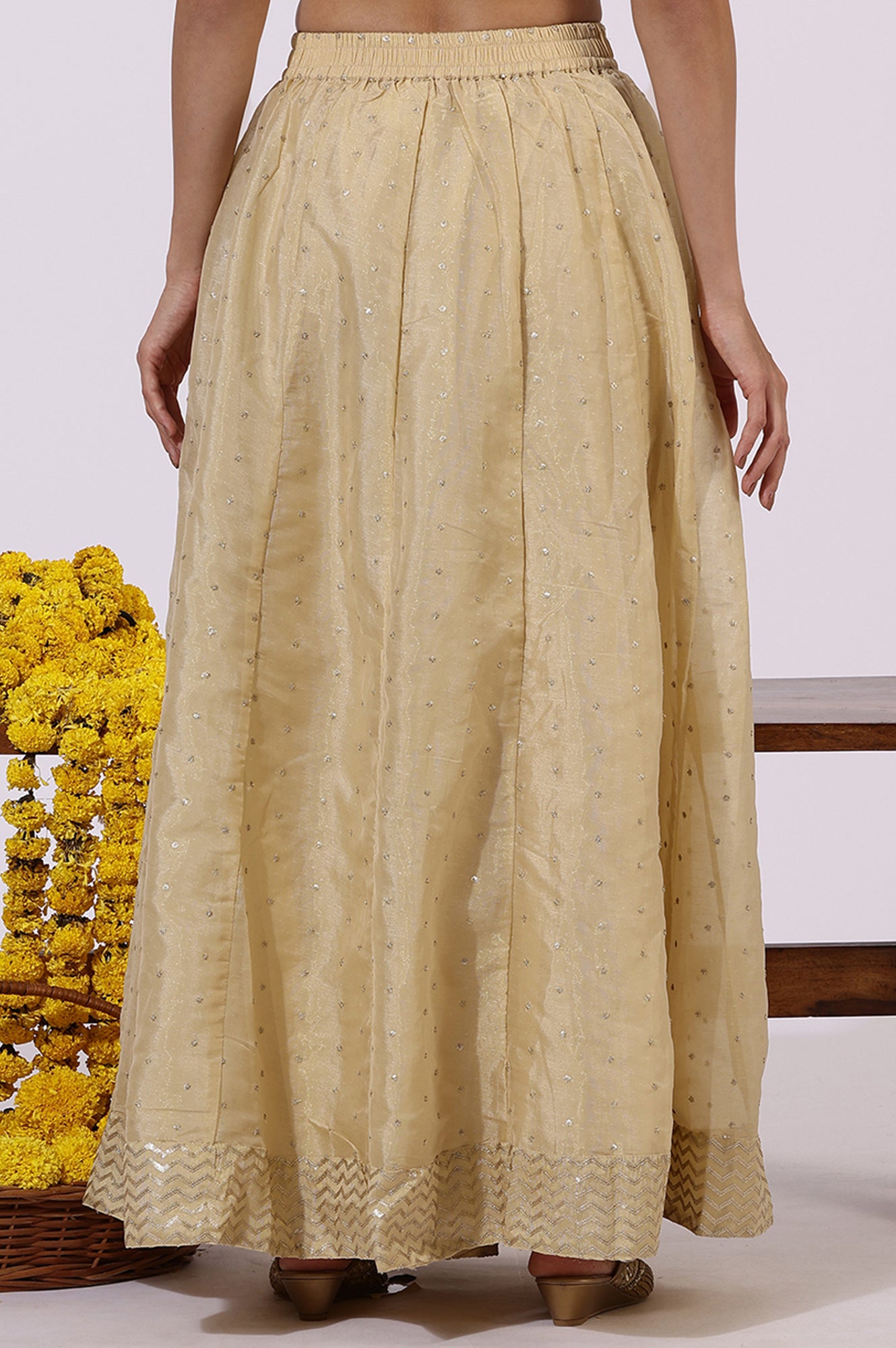 Gold Solid Sequins Flared Woven Skirt