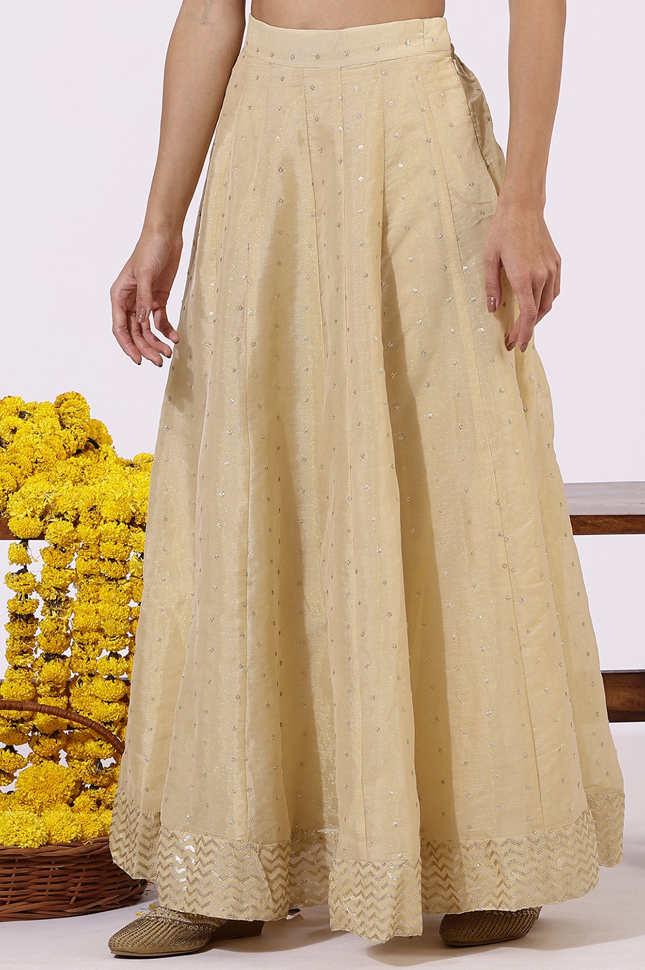 Gold Solid Sequins Flared Woven Skirt