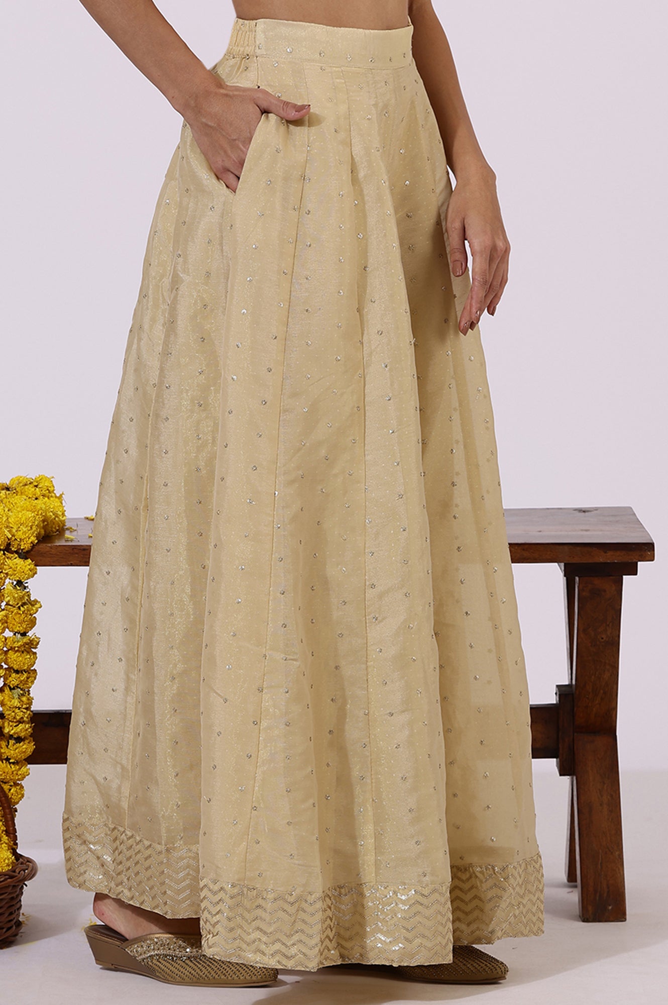 Gold Solid Sequins Flared Woven Skirt
