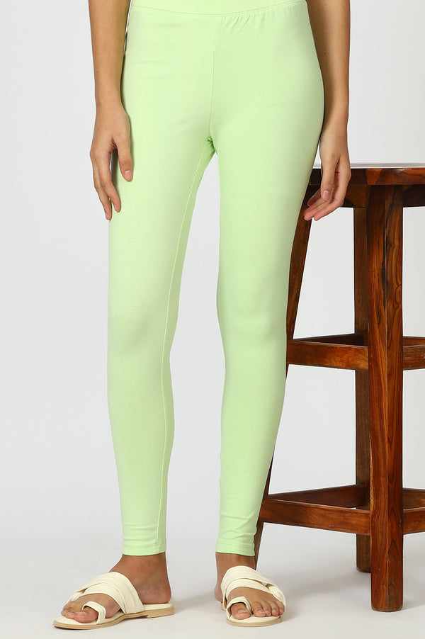 Green Solid Cotton Blend Straight Tights