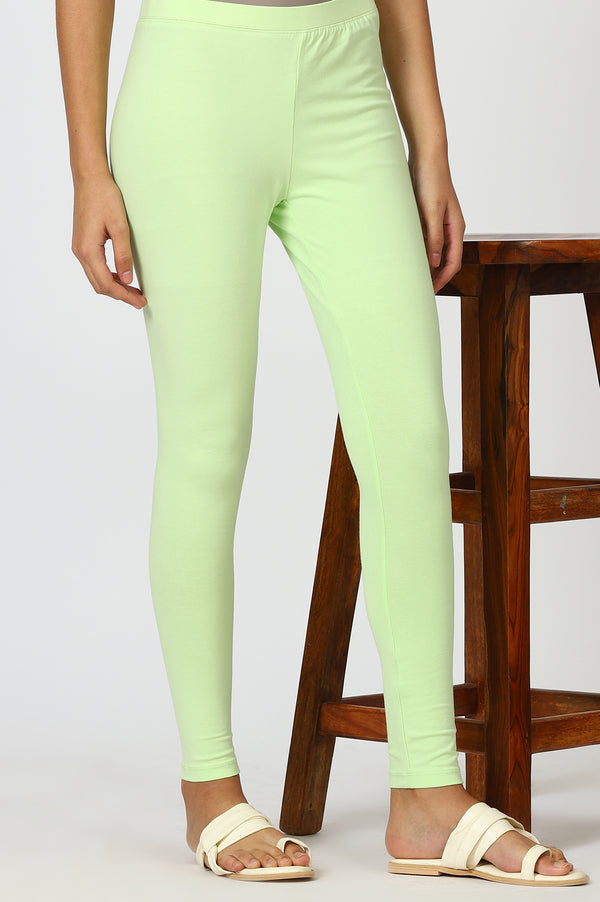 Green Solid Cotton Blend Straight Tights