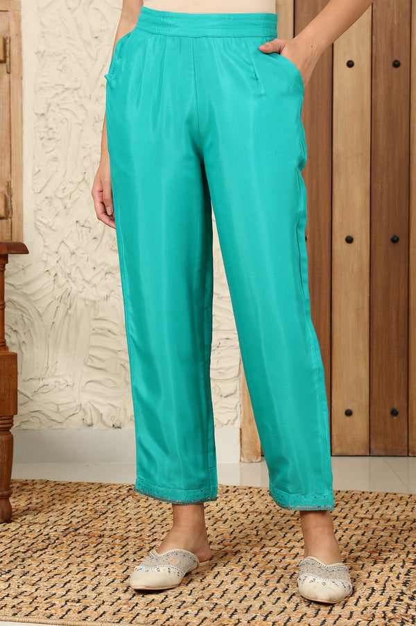 Dark Teal Sequined Shantung Straight Pants