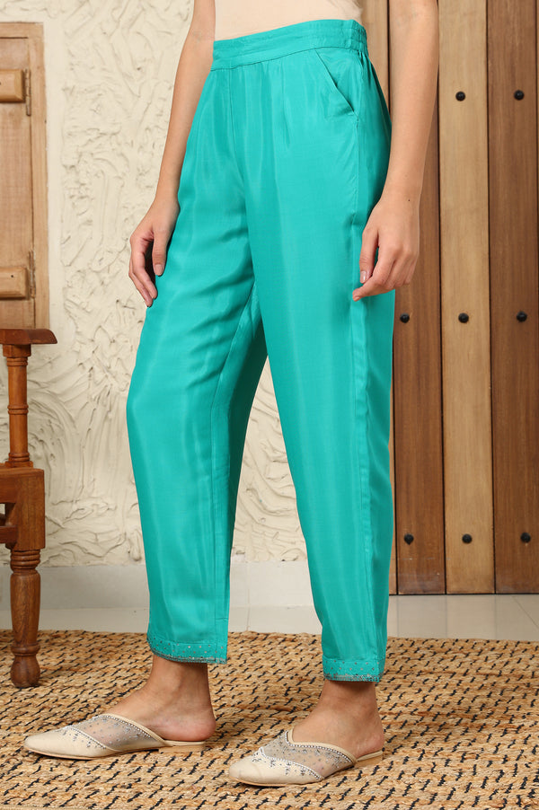 Dark Teal Sequined Shantung Straight Pants