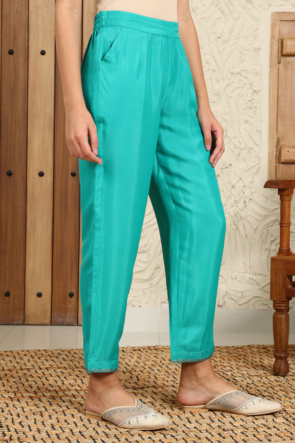 Dark Teal Sequined Shantung Straight Pants