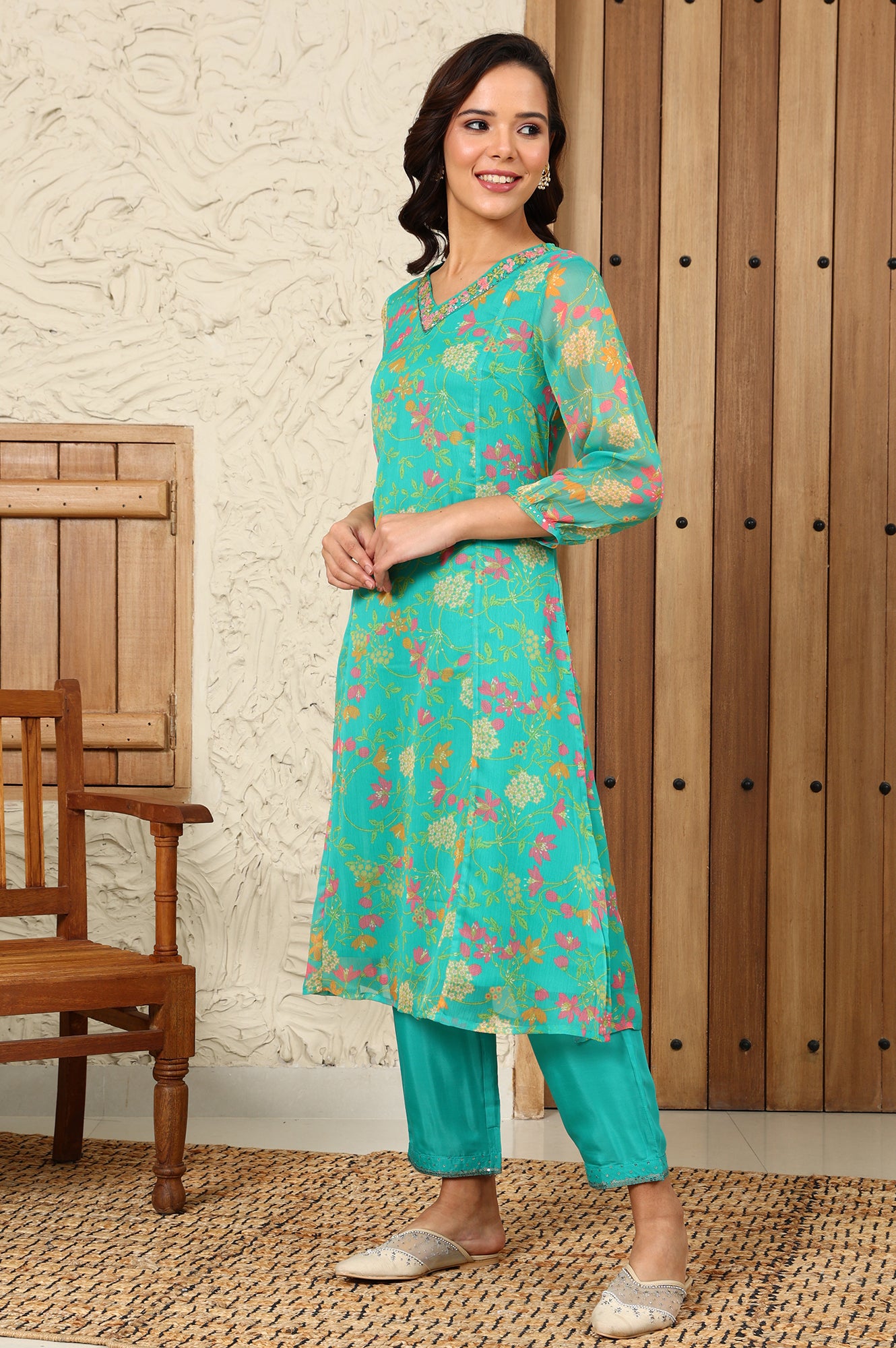 Dark Teal Sequined Shantung Straight Pants