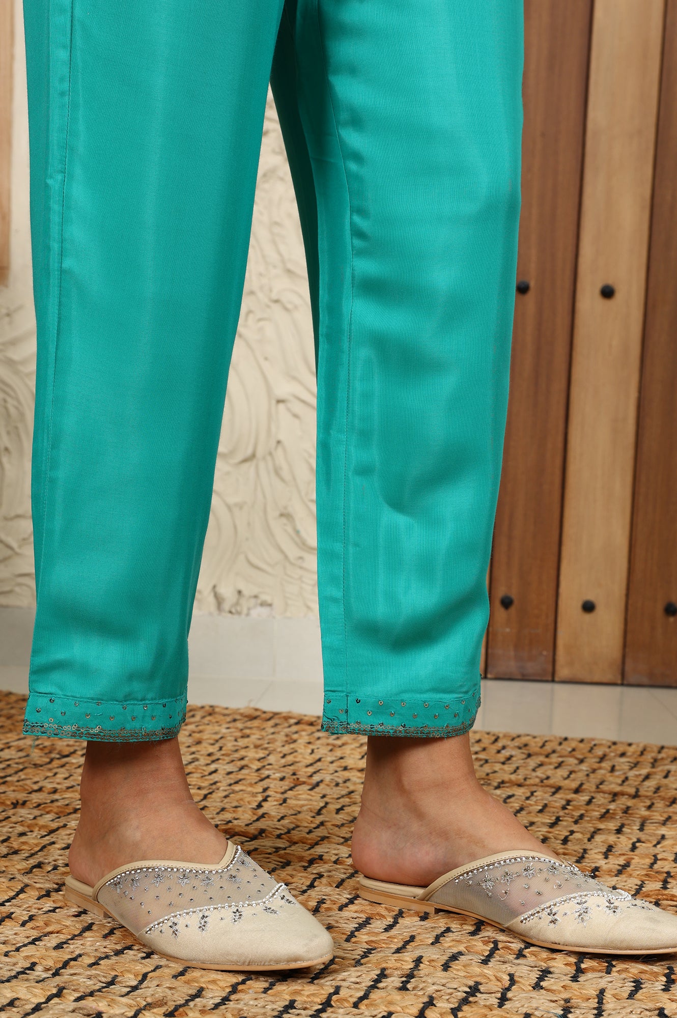 Dark Teal Sequined Shantung Straight Pants