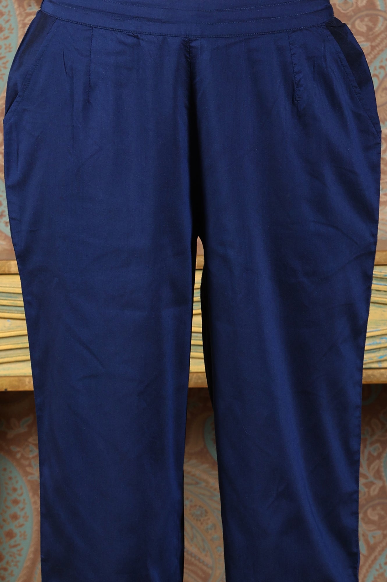Navy Blue Embellished Ankle-Length Straight Pants