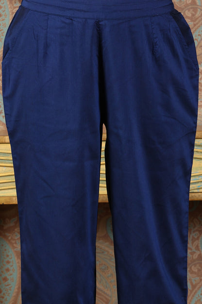 Navy Blue Embellished Ankle-Length Straight Pants