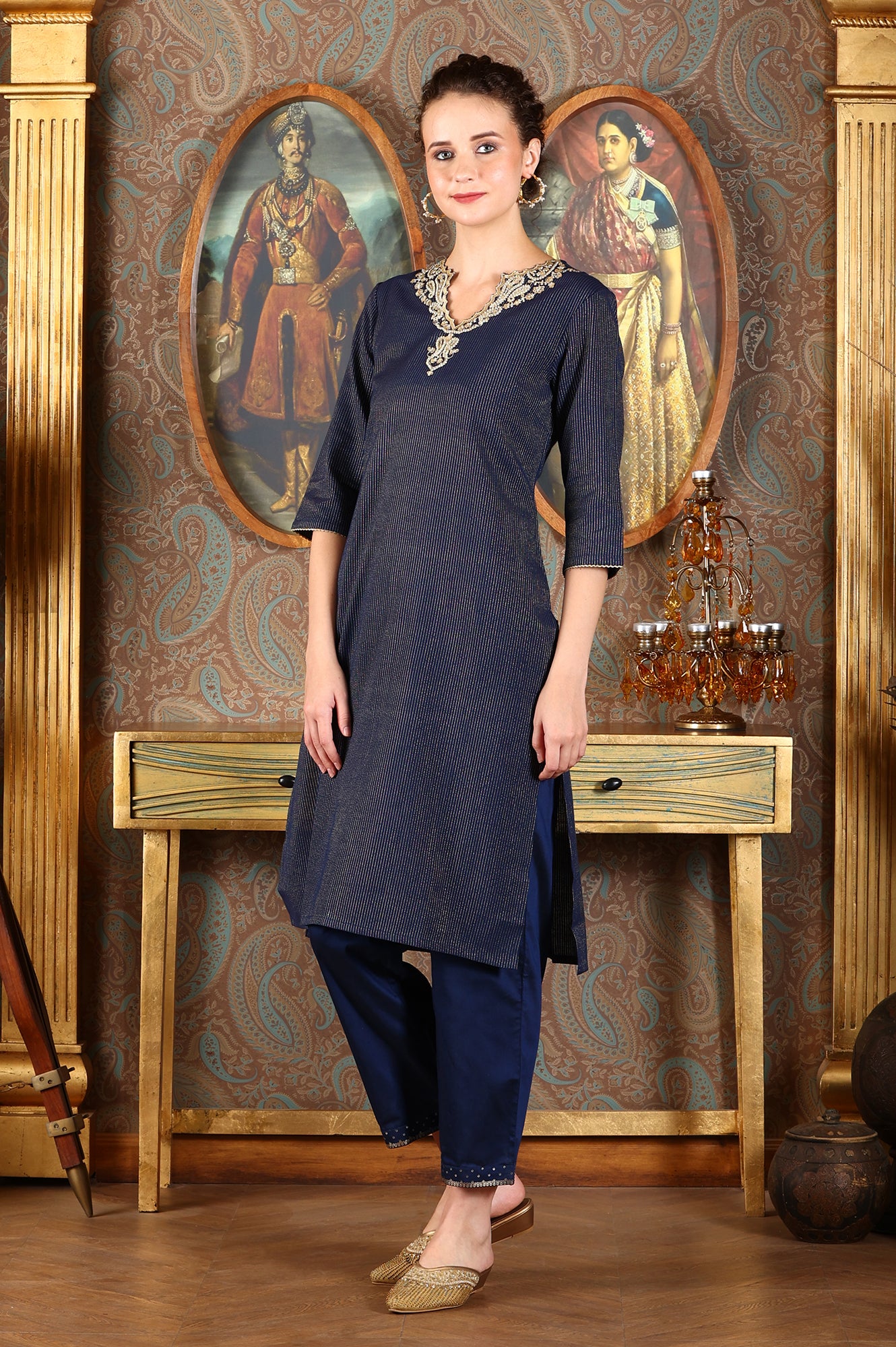 Navy Blue Embellished Ankle-Length Straight Pants