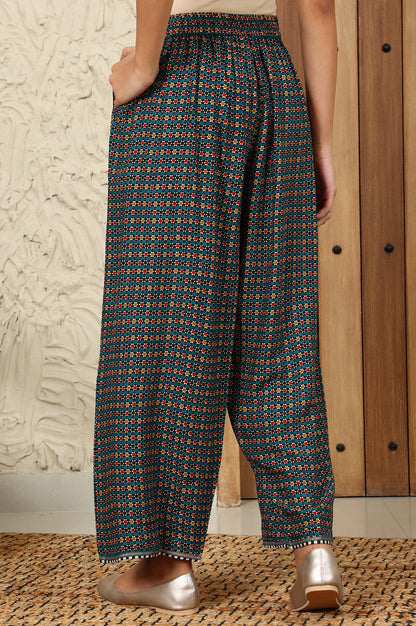 Teal Multi-Coloured Geometric Printed Parallel Pants With Printed Hemline - wforwoman