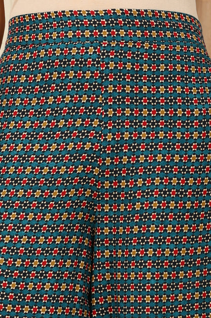 Teal Multi-Coloured Geometric Printed Parallel Pants With Printed Hemline