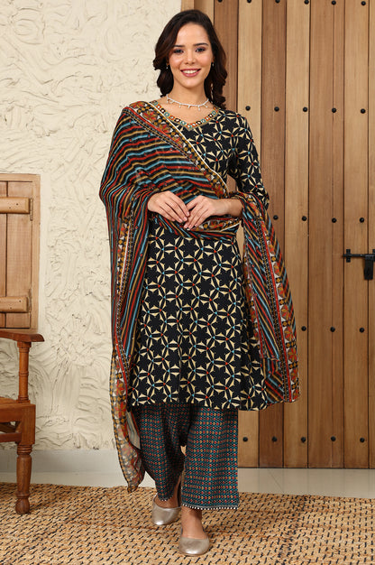 Teal Multi-Coloured Geometric Printed Parallel Pants With Printed Hemline