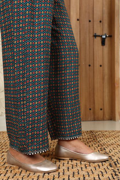 Teal Multi-Coloured Geometric Printed Parallel Pants With Printed Hemline