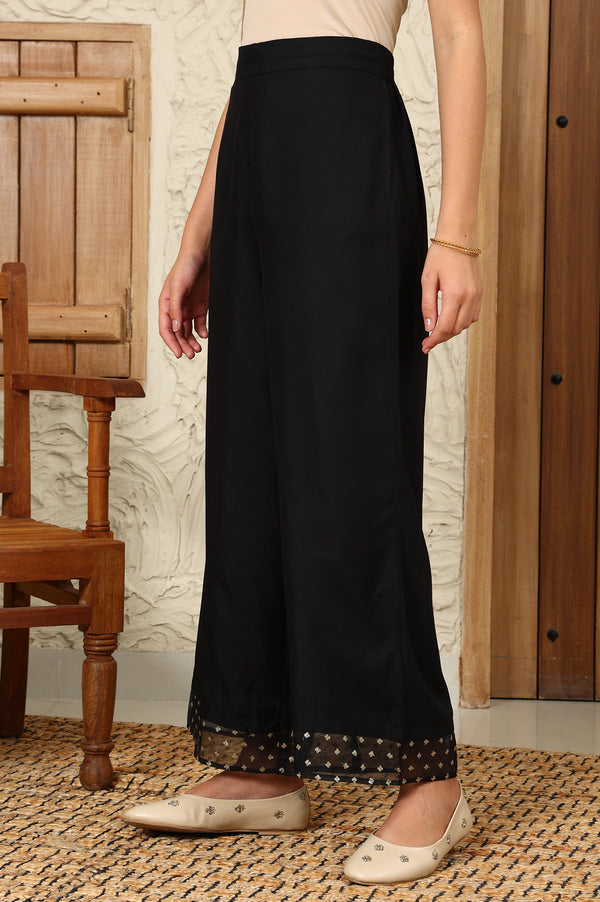 Black Solid Rayon Parallel Pants With Embellished Organza Hemline