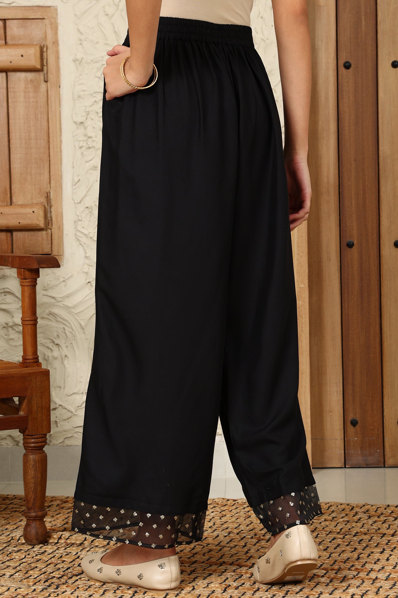 Black Solid Rayon Parallel Pants With Embellished Organza Hemline - wforwoman