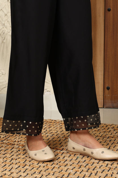 Black Solid Rayon Parallel Pants With Embellished Organza Hemline