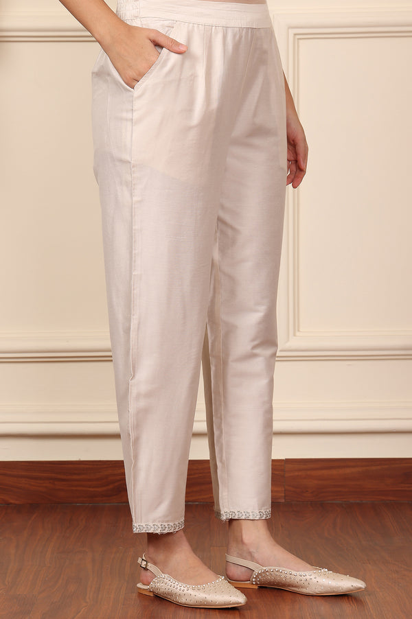 White Straight Pants With Embroidered Hemline